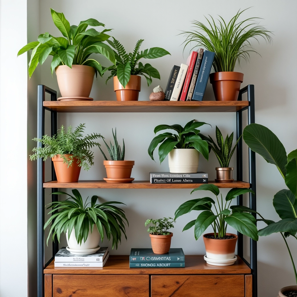 Adicione plantas para dar vida à sua estante. Plantas decorando uma estante de livros.