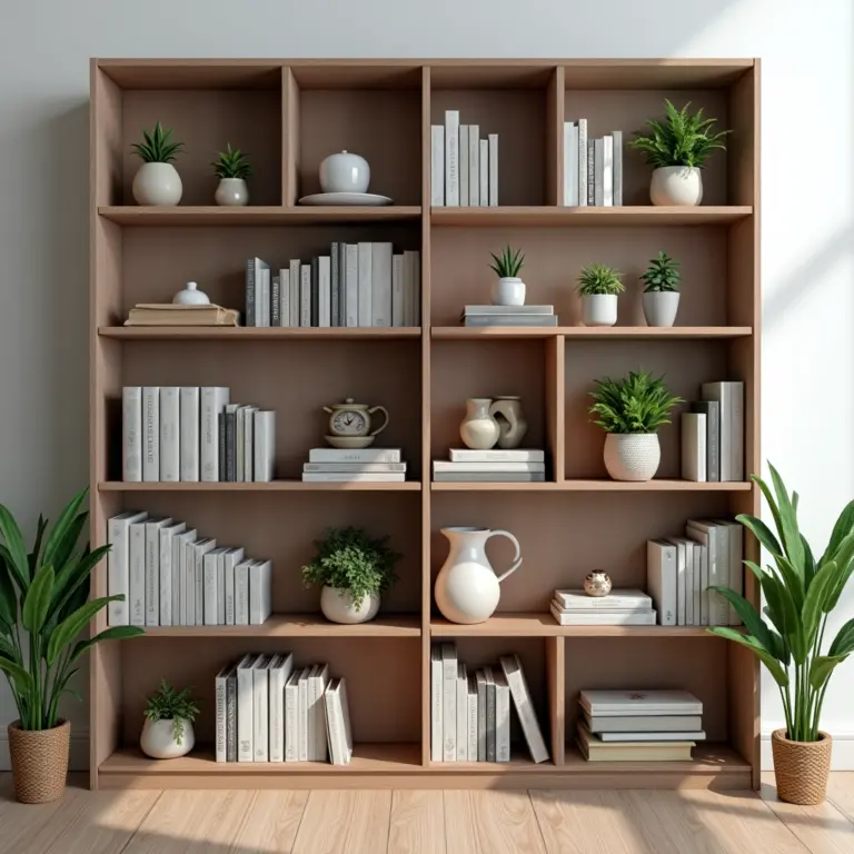 Uma estante de livros bem organizada e decorada com livros, objetos decorativos e plantas.