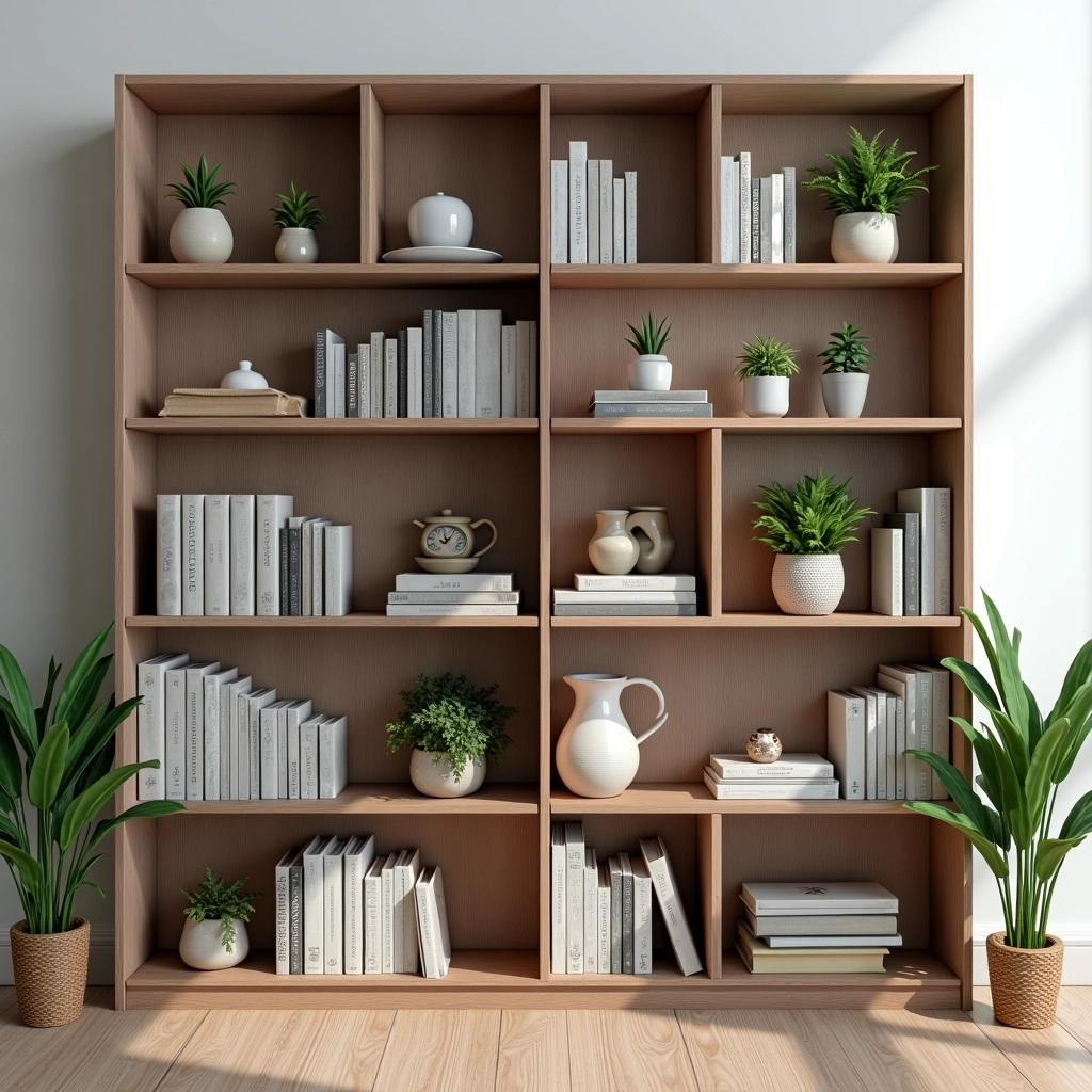 Uma estante de livros bem organizada e decorada com livros, objetos decorativos e plantas.