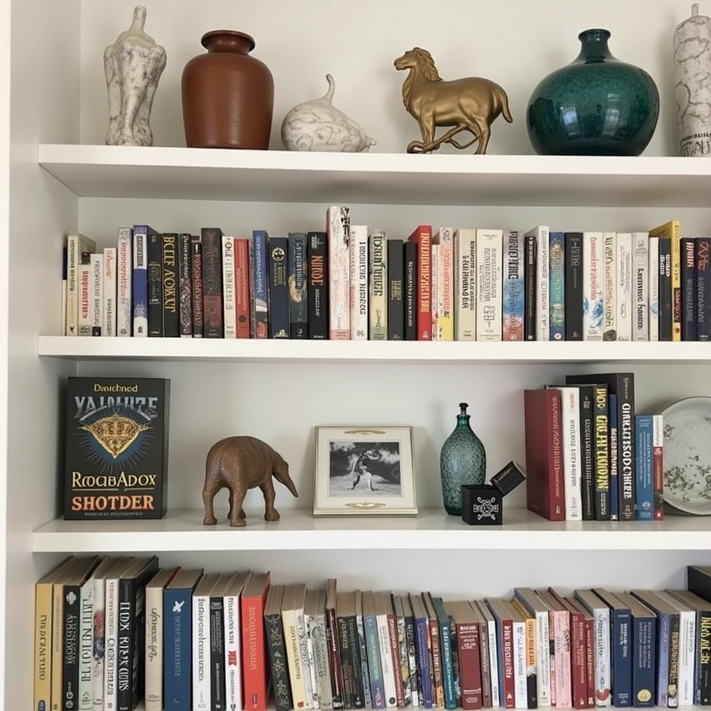 Personalize a estante com objetos que reflitam sua personalidade. Estante de livros personalizada com objetos decorativos.