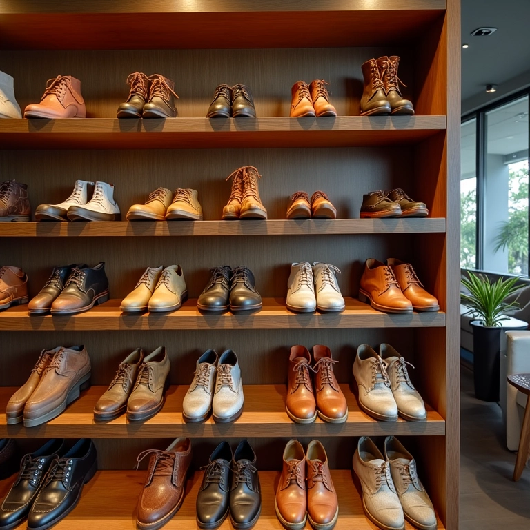 Estantes abertas com sapatos organizados.