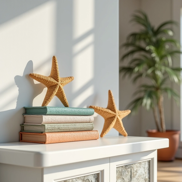 Estrelas do mar decorando uma estante em uma sala de estar luminosa.