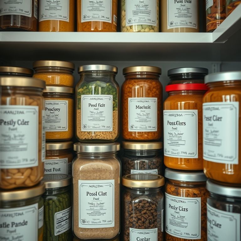 Etiquetas de identificação em potes de alimentos na despensa.