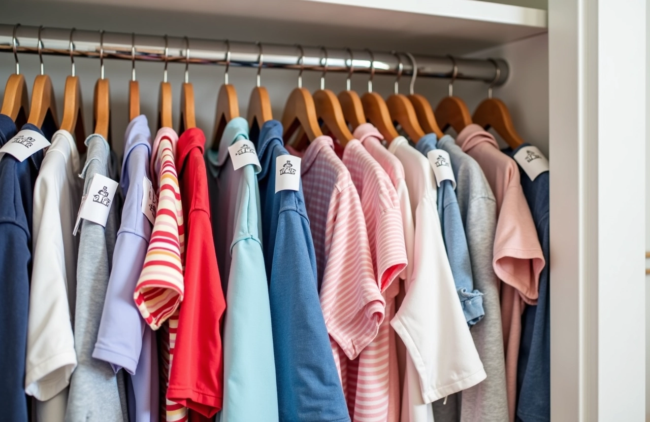 Etiquetas identificando cada item em um guarda roupa infantil.