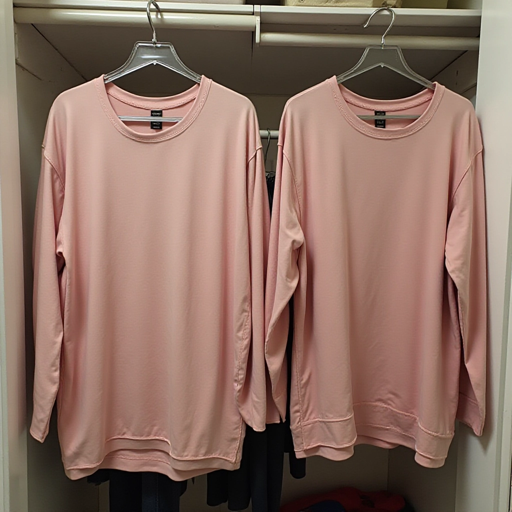 Duas peças de roupa idênticas lado a lado no guarda-roupa, fáceis de identificar graças aos cabides iguais.