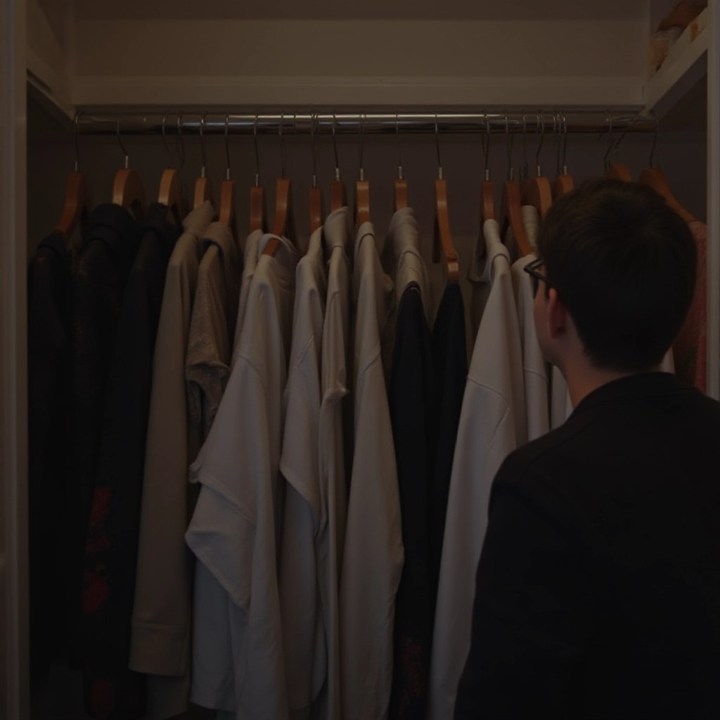 Uma pessoa olhando para um guarda-roupa bem organizado, onde é fácil visualizar todas as roupas.