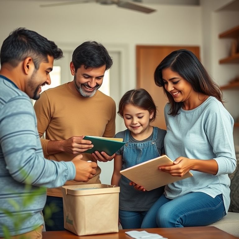 Família organizando a casa junta, com sorrisos e trabalho em equipe.