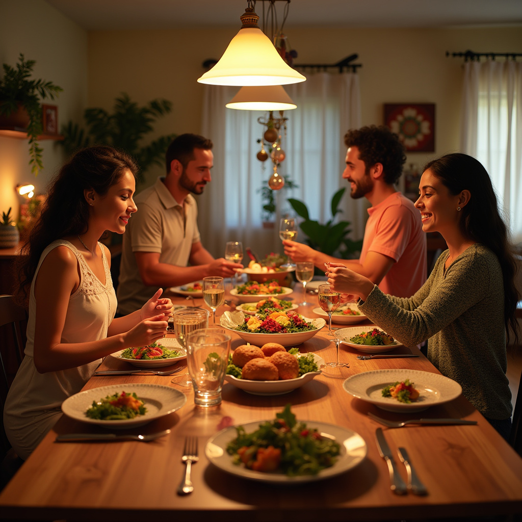Family members happily delegating tasks for a Christmas dinner, vibrant colors, Brazilian design Família delegando tarefas para a ceia de Natal.
