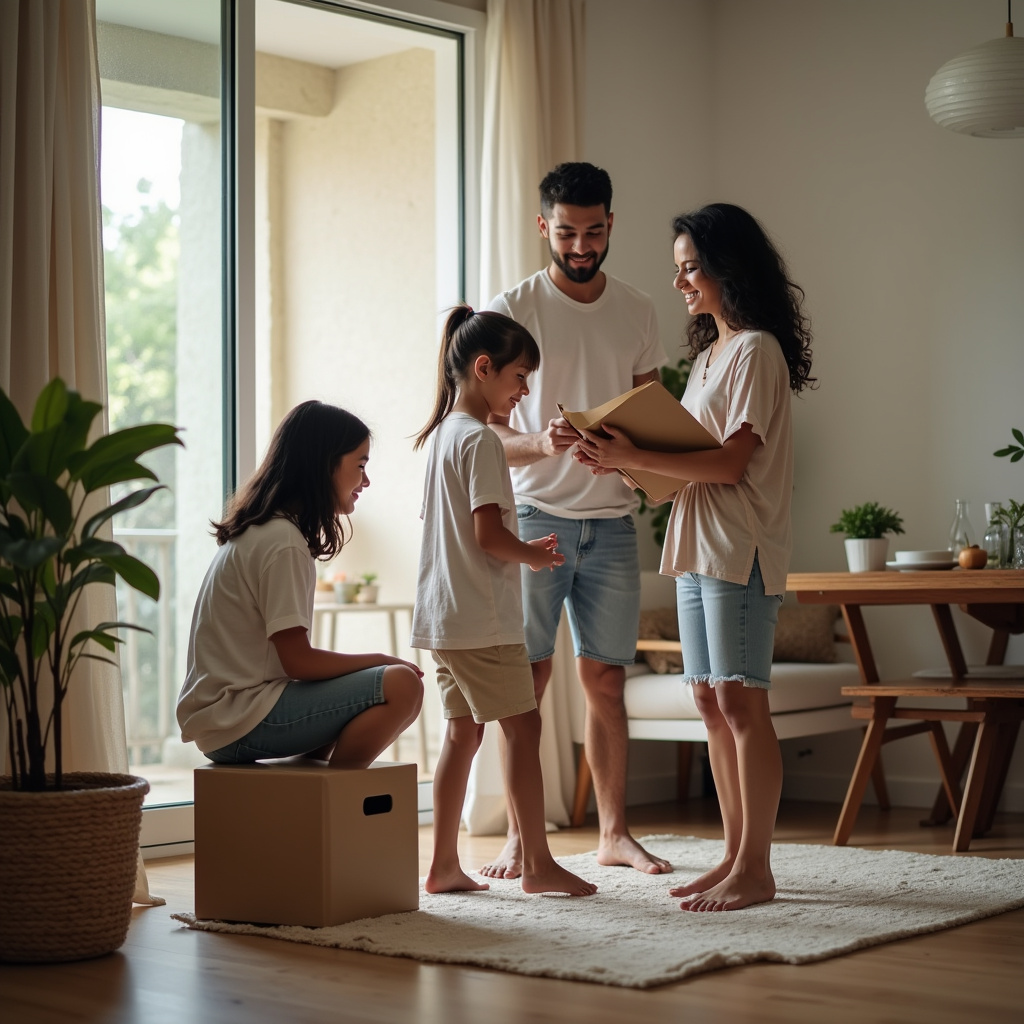 Family members organizing different areas of the house together. Natural light, 8K quality, sharp Família organizando a casa juntos, dividindo tarefas.