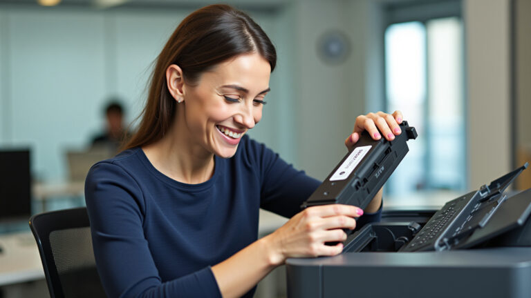 Mulher trocando toner de impressora em escritório iluminado.