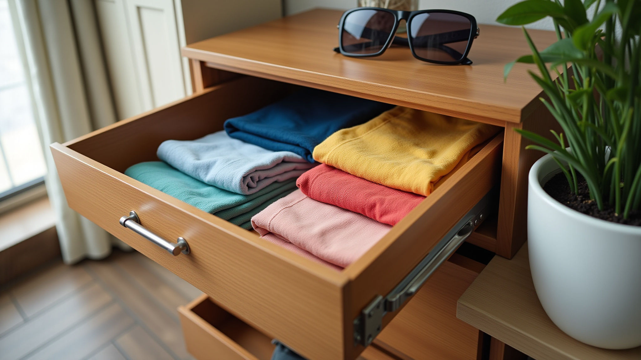 Cômoda organizada com roupas dobradas e cores vibrantes.