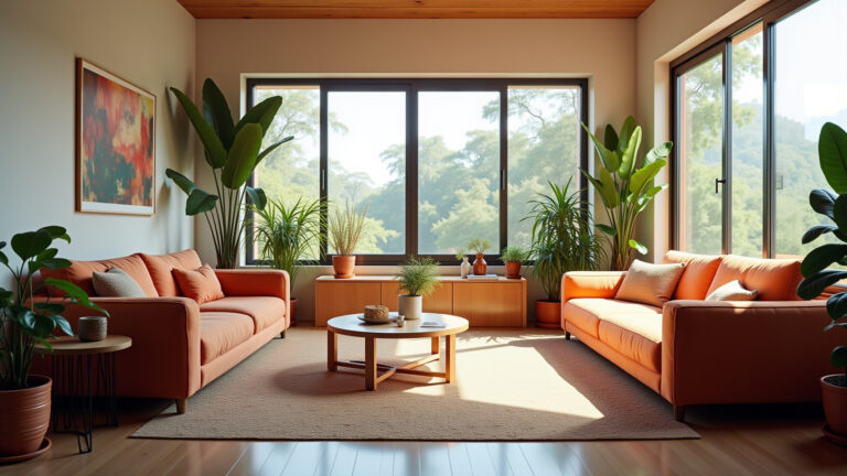 Sala pequena organizada com móveis multifuncionais e decoração vibrante.