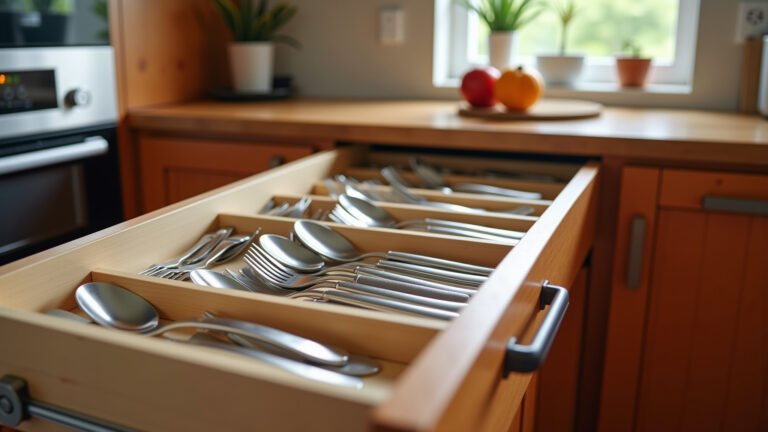 Gaveta organizada com talheres de forma eficiente.