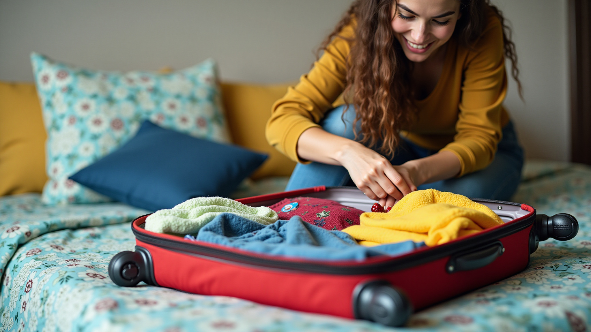 Mulher sorrindo organizando mala de viagem com roupas e acessórios.
