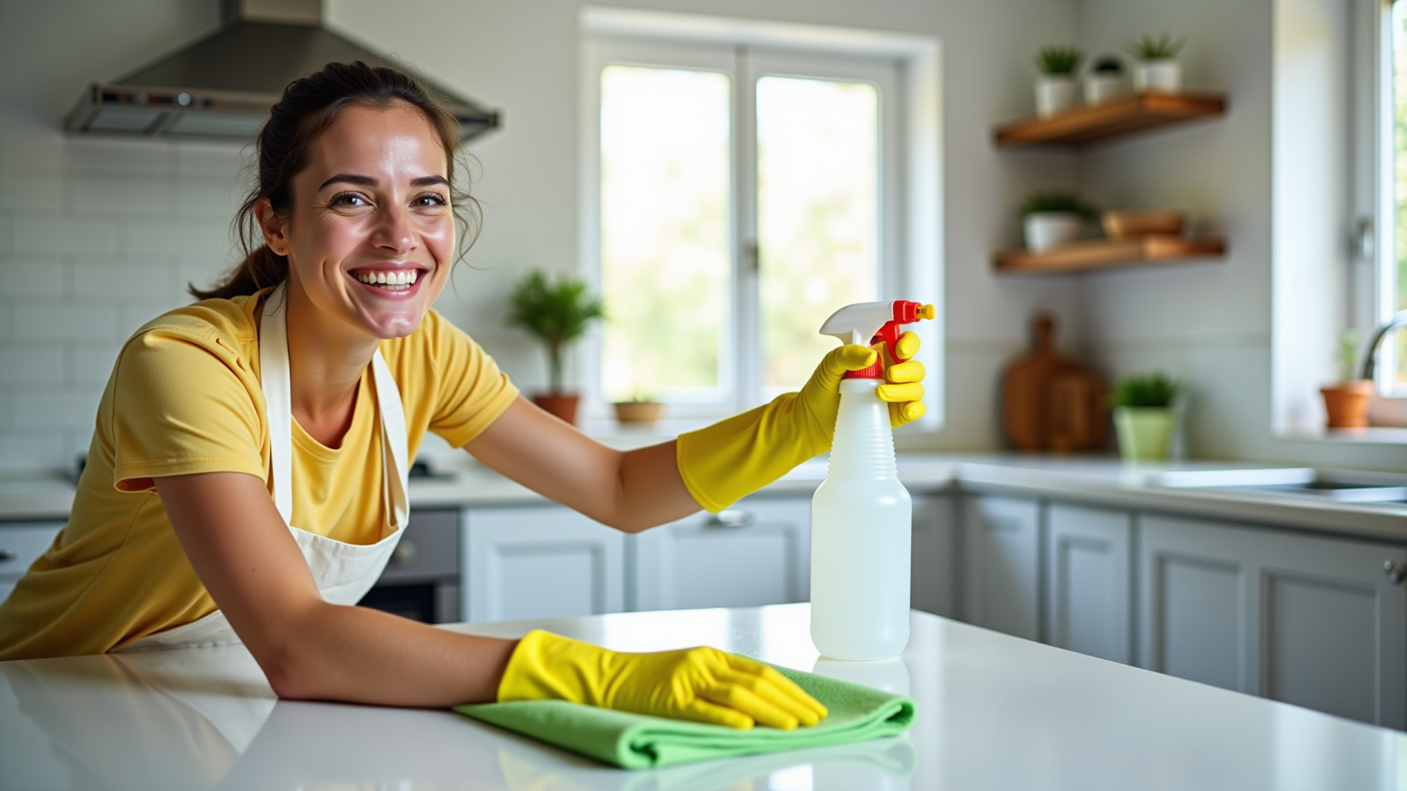 Mulher sorrindo limpando a cozinha com vinagre.