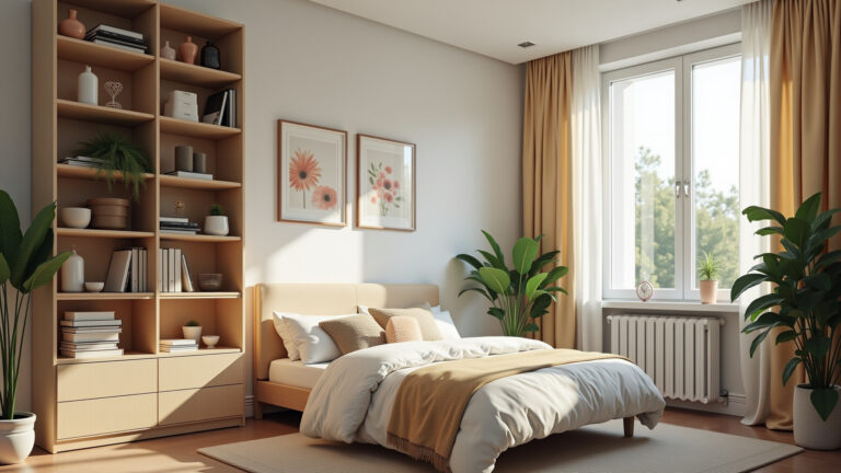 Quarto organizado com soluções de armazenamento inteligentes.