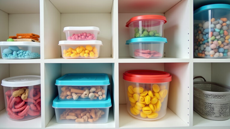 Organizadores de plástico coloridos e organizados em casa brasileira moderna.