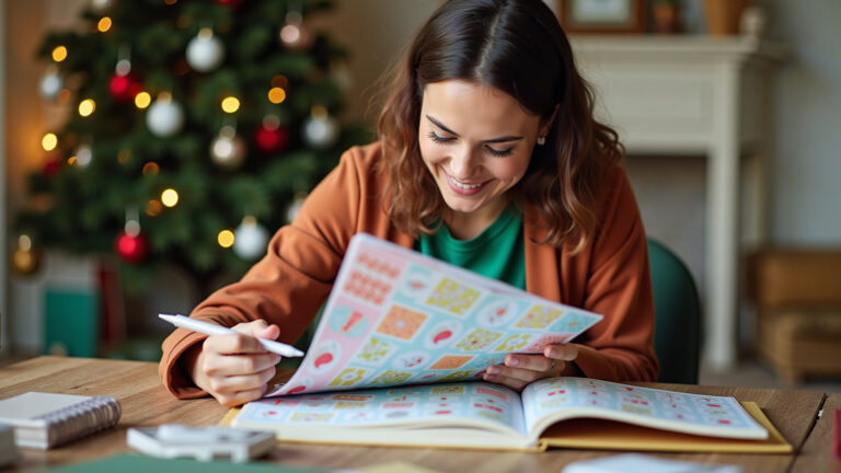 Mulher sorrindo organiza agenda de final de ano em casa decorada.