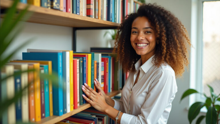 Mulher sorrindo organiza livros coloridos em estante.