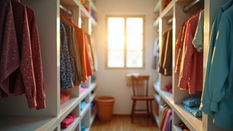 Guarda-roupa arejado com roupas organizadas e absorvedores de umidade.