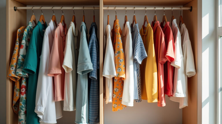 Guarda-roupa de verão organizado e colorido.