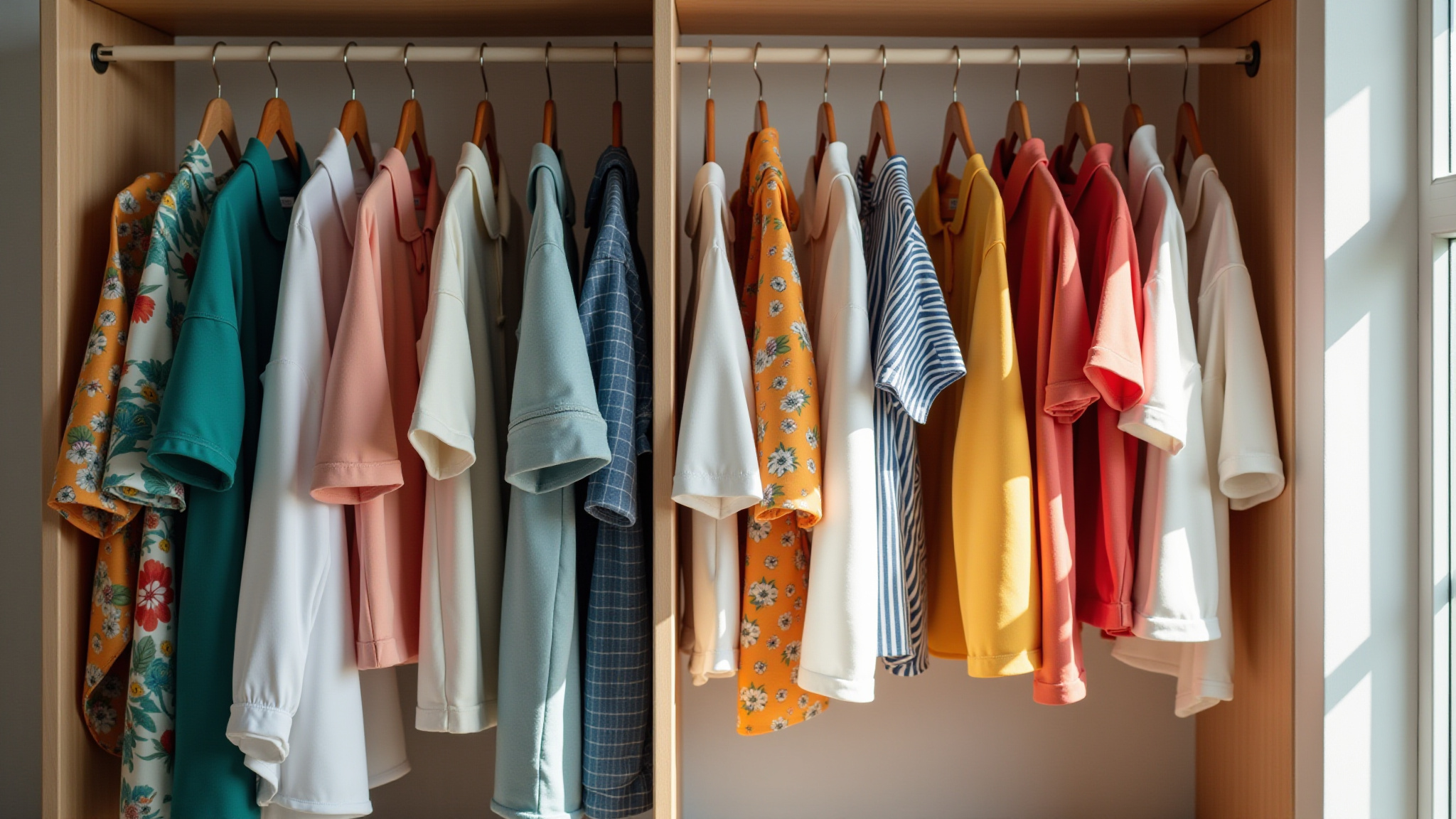 Guarda-roupa de verão organizado e colorido.