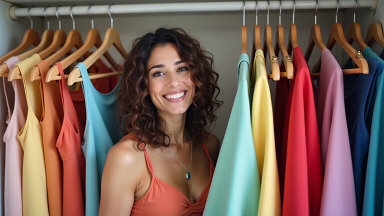 Mulher sorrindo organiza vestidos coloridos em cabides de veludo no closet.