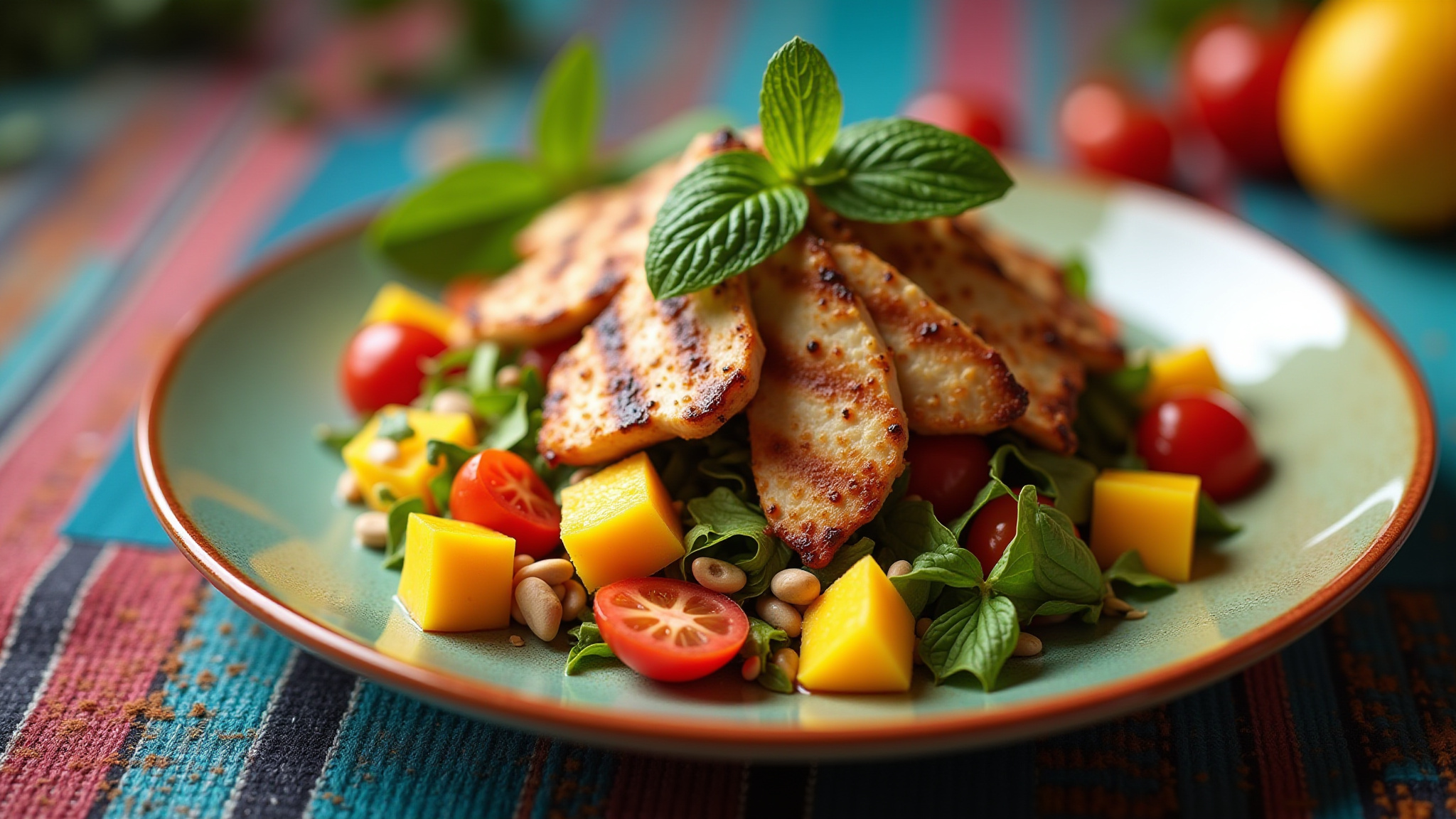 Salada refrescante de frango grelhado com manga e hortelã.