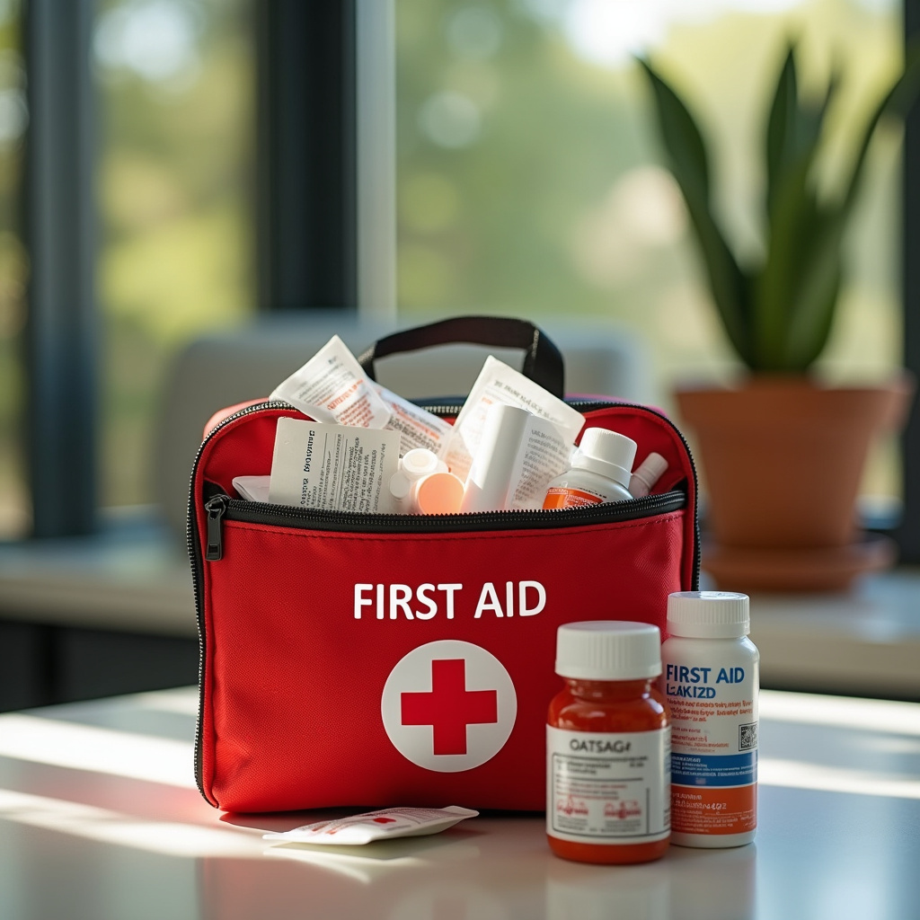 First aid kit for travel, medicines, bandages, bright setting, natural light, 8K quality, Kit de primeiros socorros para viagem.