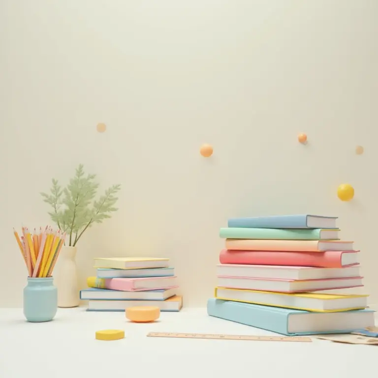 Foto de uma mesa com material escolar organizado, como livros, cadernos, canetas e lápis.