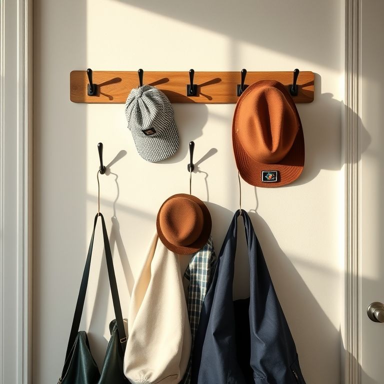 Ganchos adesivos segurando bolsas, chapéus e chaves em um organizador de parede.