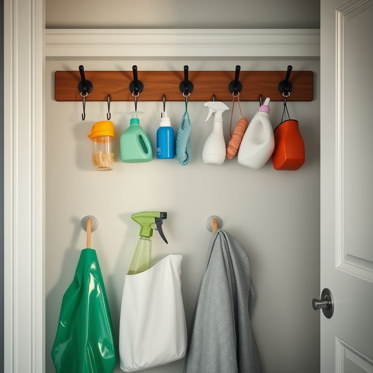 Ganchos atrás da porta da lavanderia para organização.