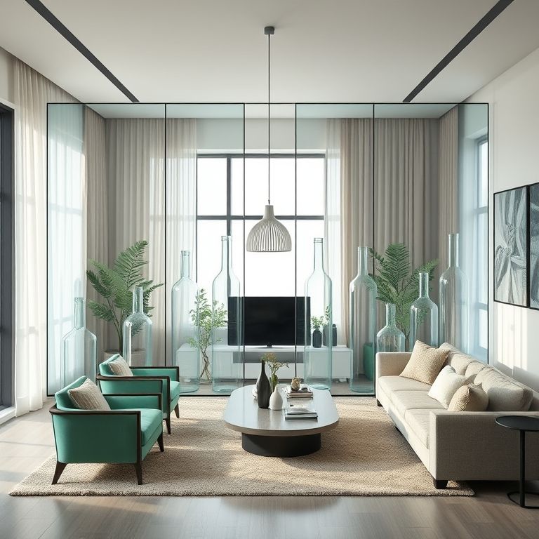 Garrafas de vidro como divisórias de ambiente em um apartamento moderno.