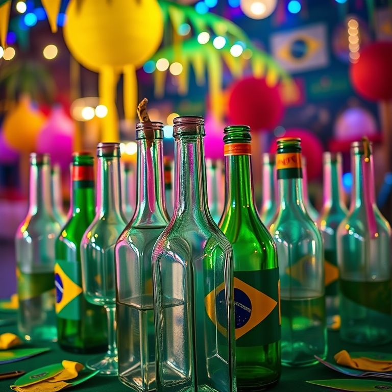 Garrafas de vidro como enfeites de mesa em uma festa colorida.