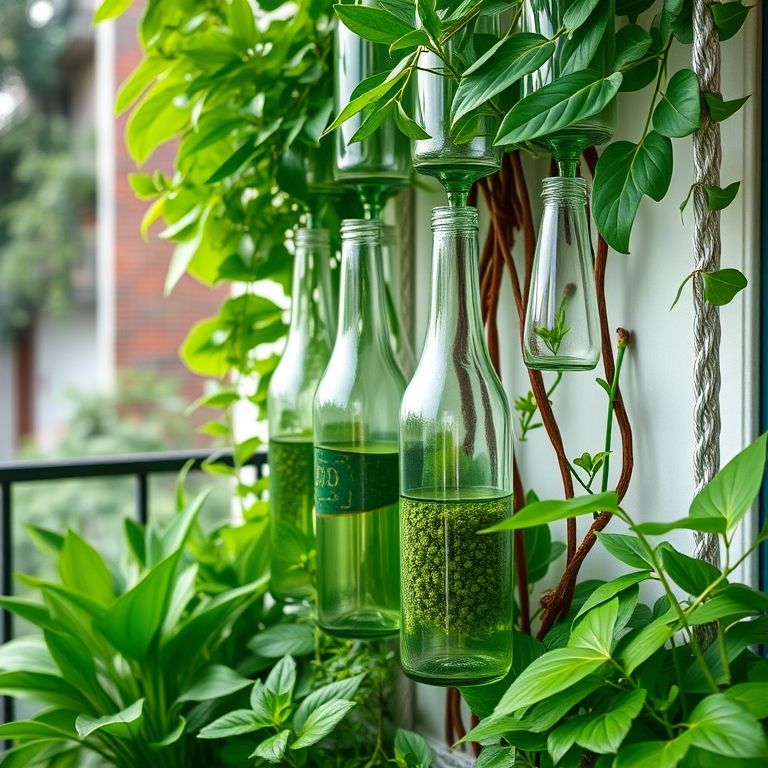 Garrafas de vidro integradas a um jardim vertical exuberante.