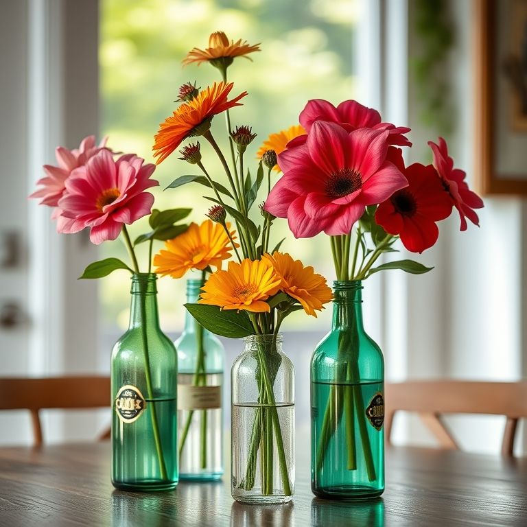 Garrafas de vidro reutilizadas como vasos de flores coloridas.