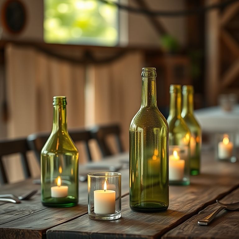 Garrafas de vidro servindo como porta-velas em uma mesa rústica.