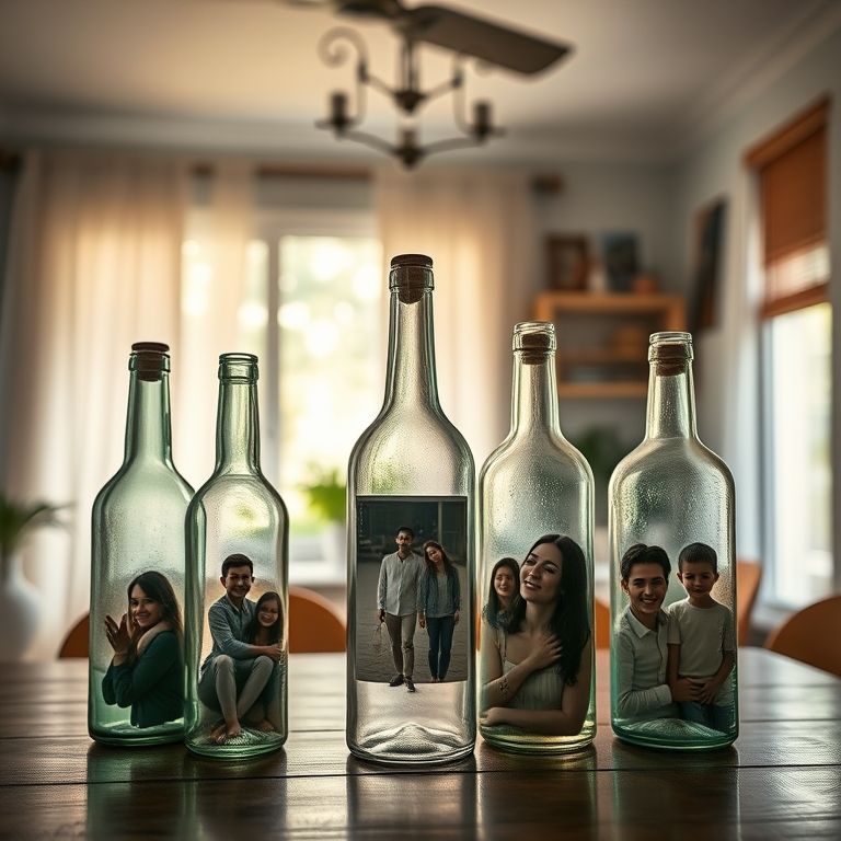 Garrafas de vidro usadas como porta-retratos com fotos de família.