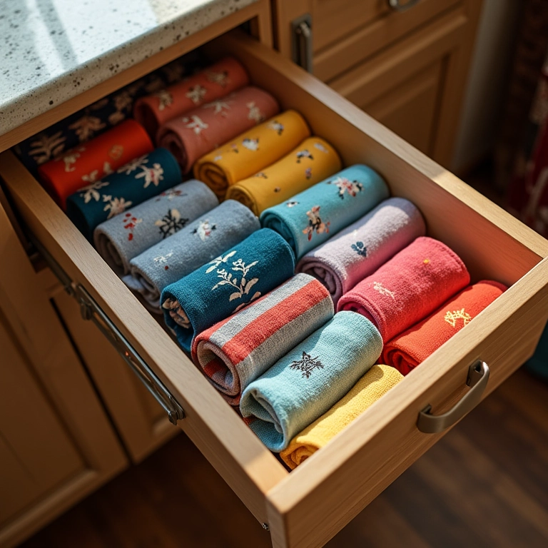 Gaveta aberta com meias organizadas por cor e padrão, facilitando a visualização.