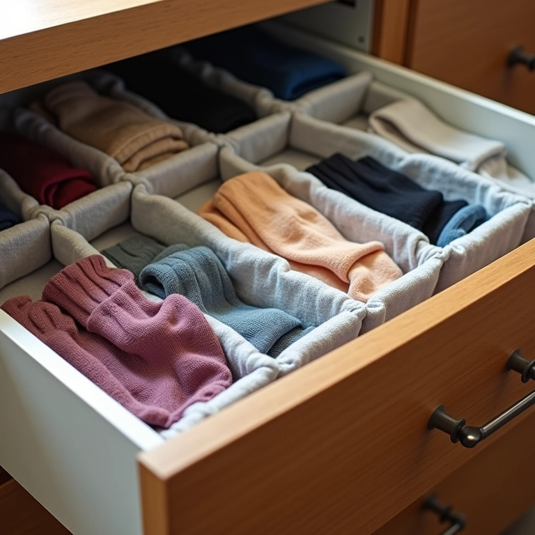 Gaveta com divisórias ajustáveis para organização de meias.