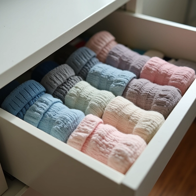Gaveta com meias organizadas, promovendo higiene e organização.