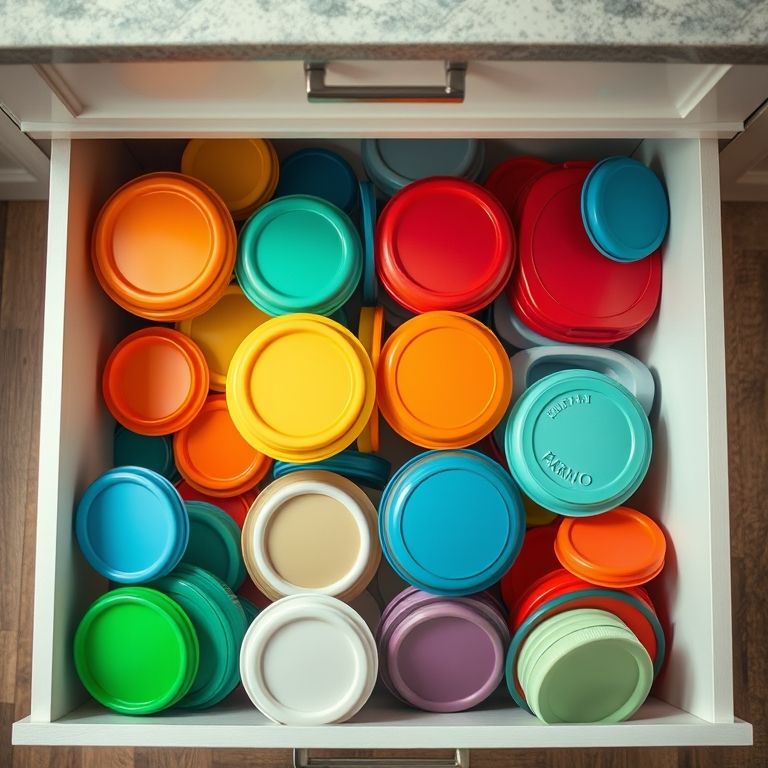 Gaveta de cozinha organizada com potes de plástico coloridos e tampas.