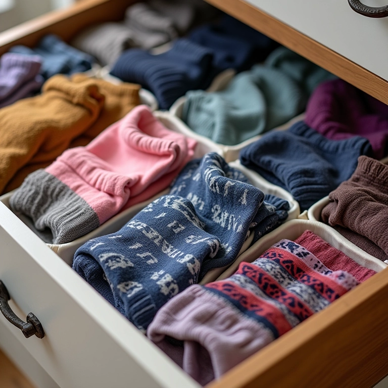 Gaveta de meias organizada com diversos organizadores coloridos.