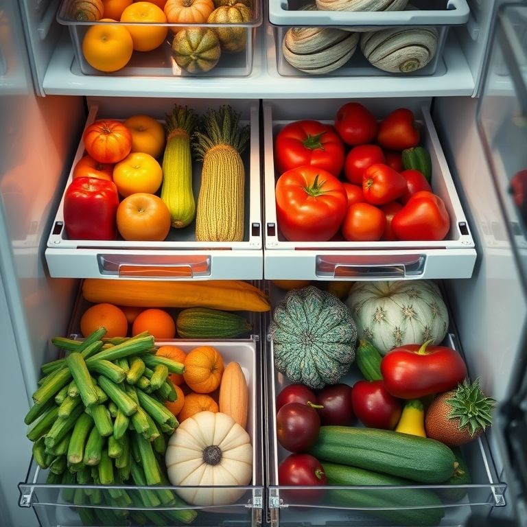 Gavetas de frutas e verduras organizadas corretamente.