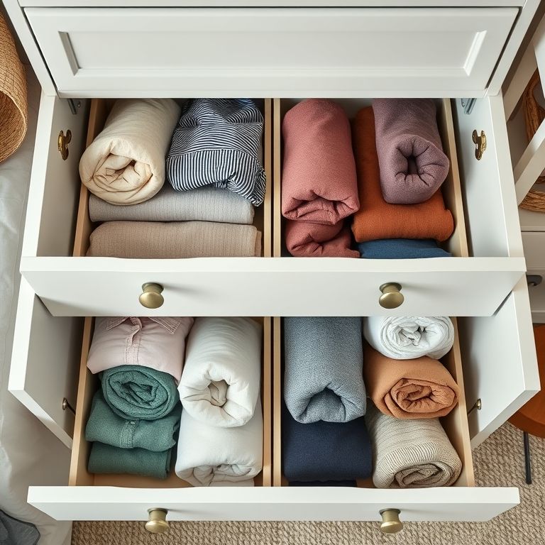 Gavetas organizadas com roupas enroladas e divisórias.