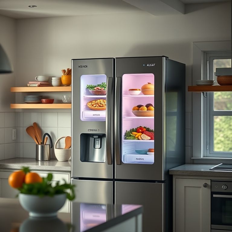 Geladeira inteligente mostrando receitas com integração Alexa.