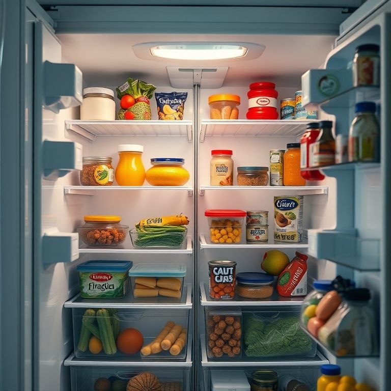 Geladeira não superlotada com alimentos bem espaçados.