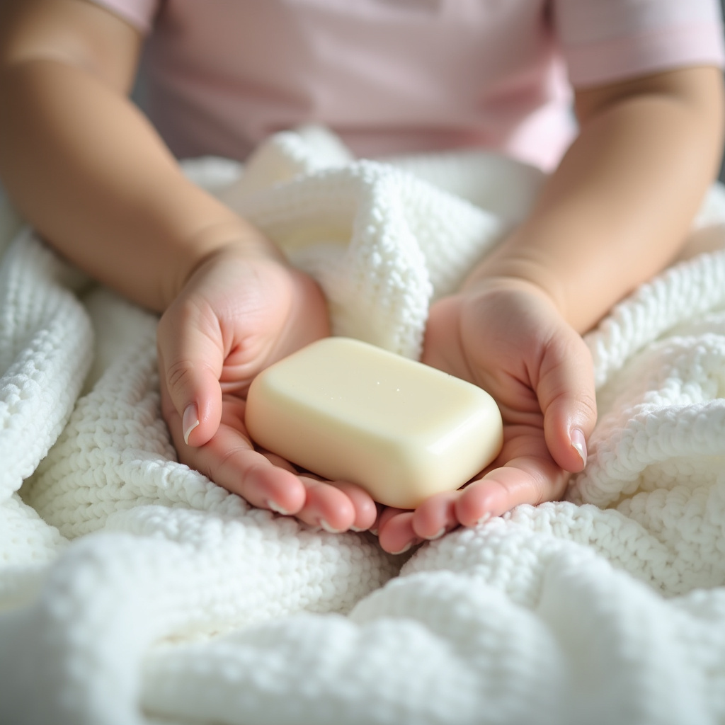 Gentle hands washing baby clothes, neutral soap, pastel colors, soft light, nursery setting, Lavando roupas de bebê com sabão neutro.