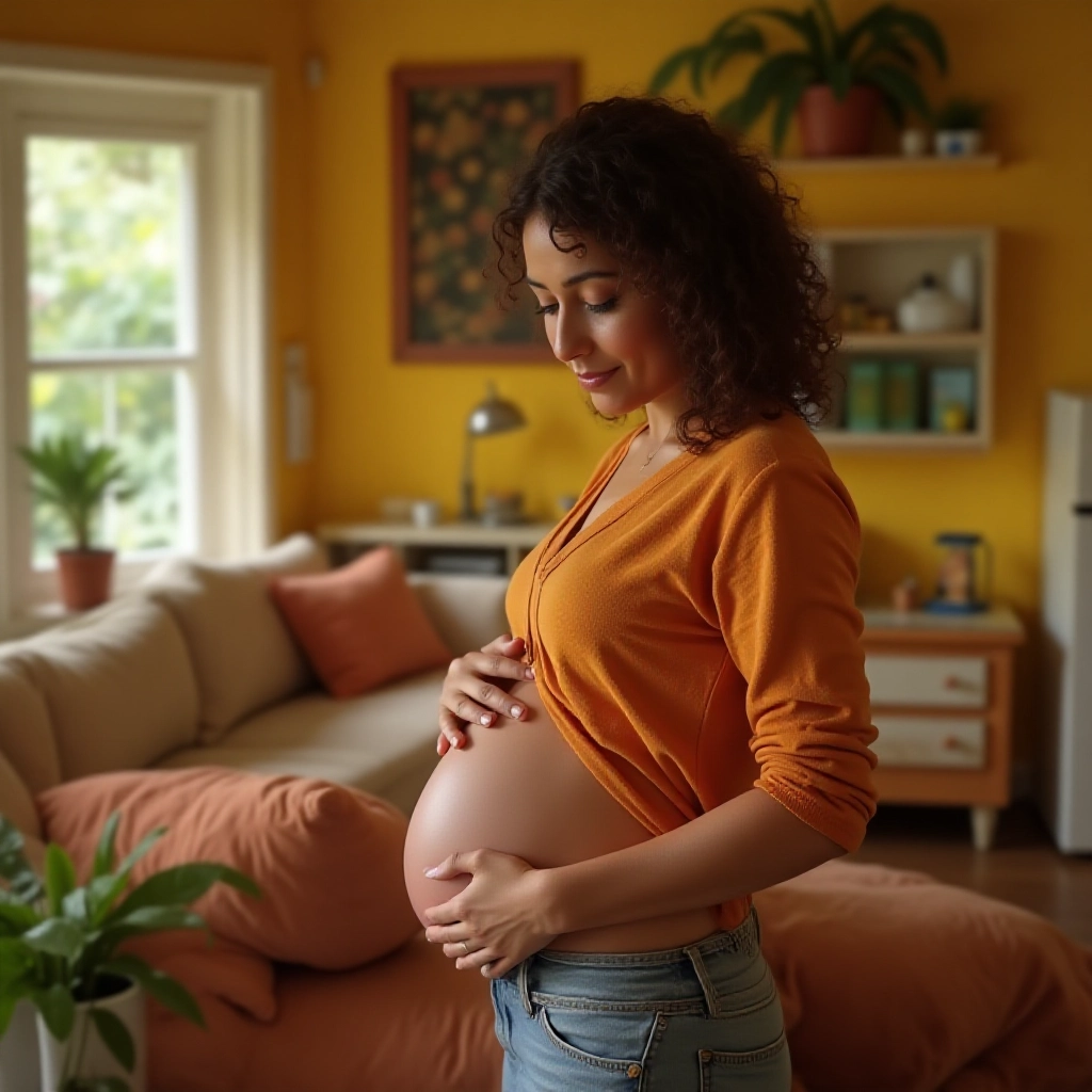 Gestante em lar aconchegante preparando a casa para a chegada do segundo filho.