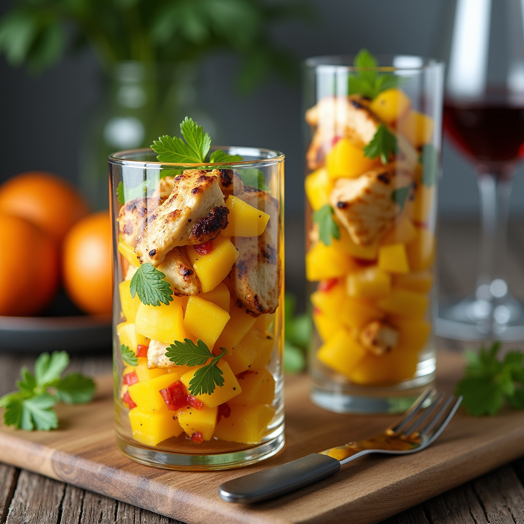 Grilled chicken mango salad served in elegant glasses for special dinner. Natural light, vibrant Salada de frango com manga para jantar especial.